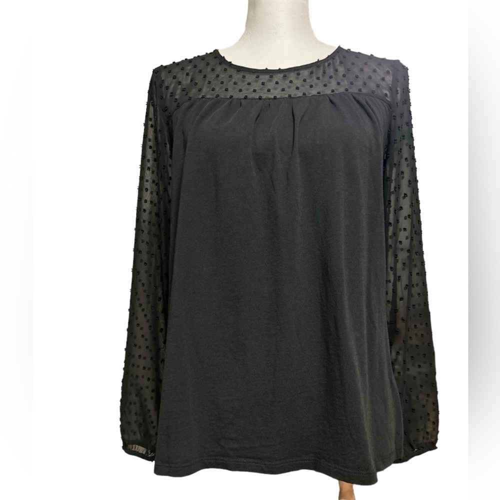 Boden Black Jersey Knit top Sheer Swiss Dot Fabric Women’s‎ Size 4 Keyhole